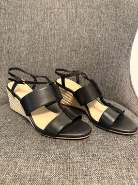 Cole Haan Black Leather Espadrille Wedge Sandals T-Strap Slingback Women 9.5 B